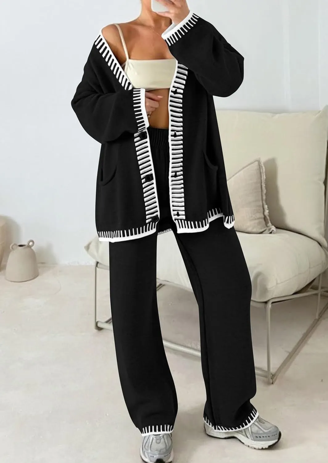 PRETTYGARDEN Women's 2 Piece Outfits Knit Matching Lounge Sets Long Sleeve V Neck Cardigan Sweaters Wide Leg Pants Tracksuits