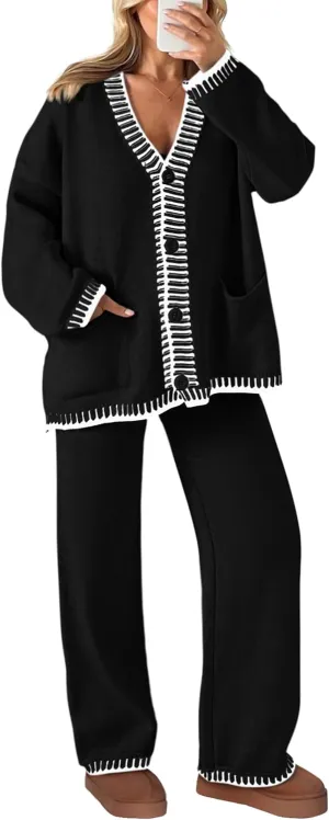 PRETTYGARDEN Women's 2 Piece Outfits Knit Matching Lounge Sets Long Sleeve V Neck Cardigan Sweaters Wide Leg Pants Tracksuits
