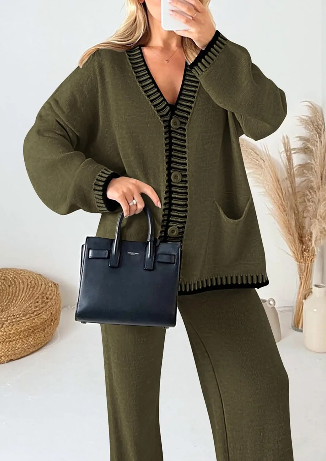 PRETTYGARDEN Women's 2 Piece Outfits Knit Matching Lounge Sets Long Sleeve V Neck Cardigan Sweaters Wide Leg Pants Tracksuits
