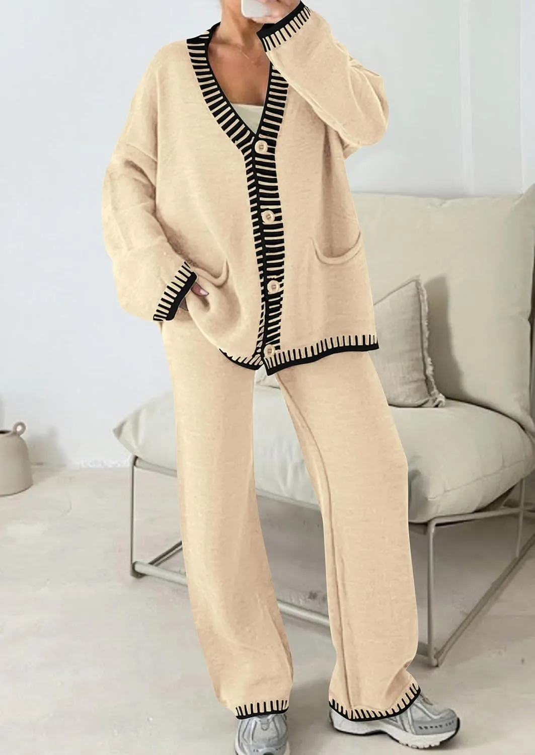 PRETTYGARDEN Women's 2 Piece Outfits Knit Matching Lounge Sets Long Sleeve V Neck Cardigan Sweaters Wide Leg Pants Tracksuits