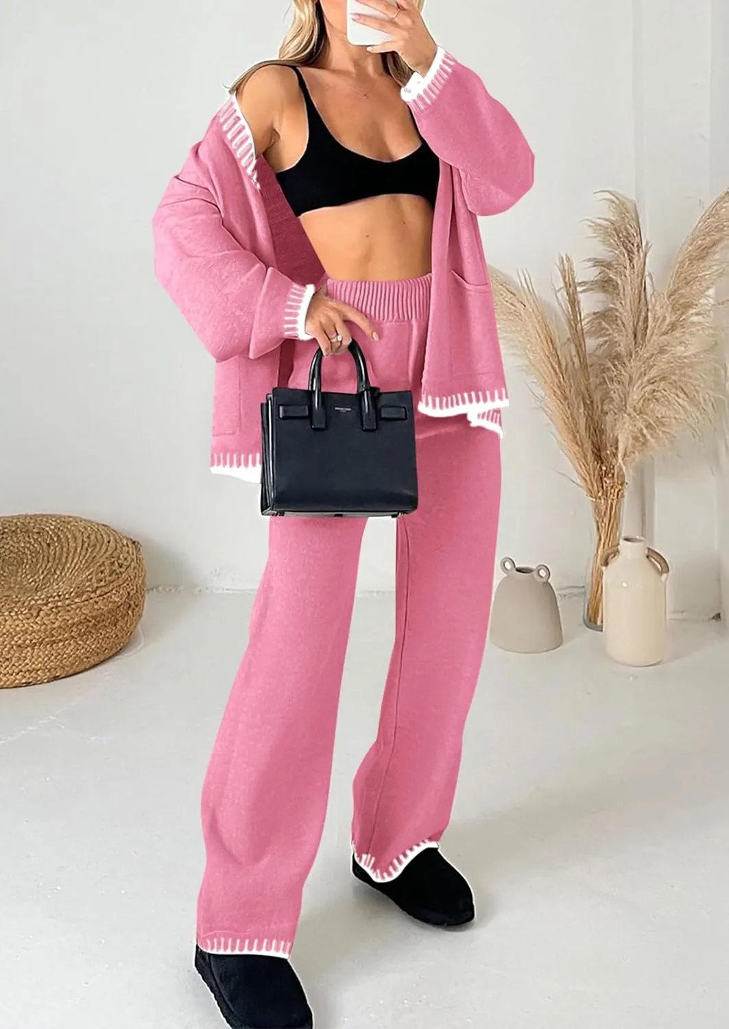 PRETTYGARDEN Women's 2 Piece Outfits Knit Matching Lounge Sets Long Sleeve V Neck Cardigan Sweaters Wide Leg Pants Tracksuits