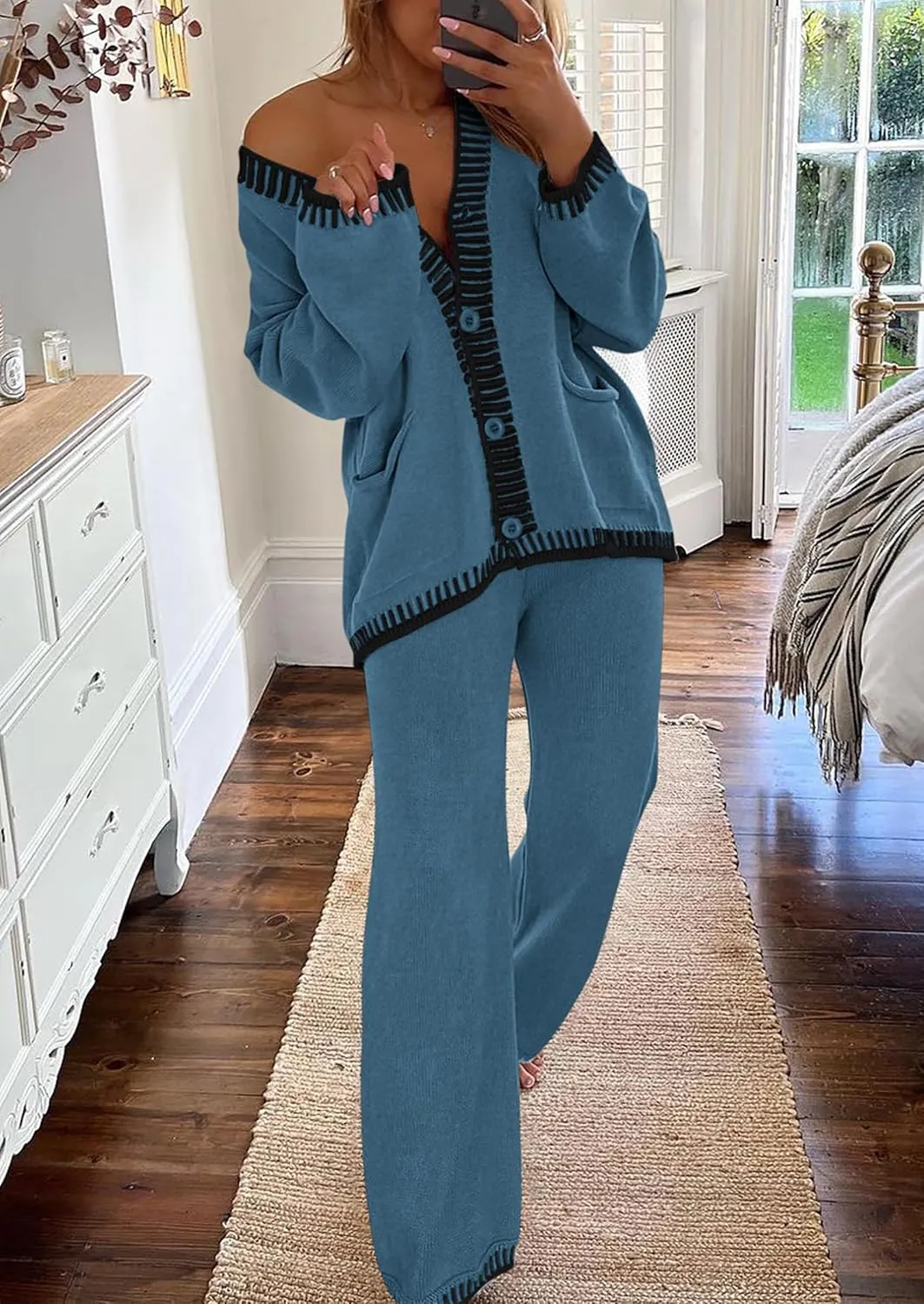 PRETTYGARDEN Women's 2 Piece Outfits Knit Matching Lounge Sets Long Sleeve V Neck Cardigan Sweaters Wide Leg Pants Tracksuits