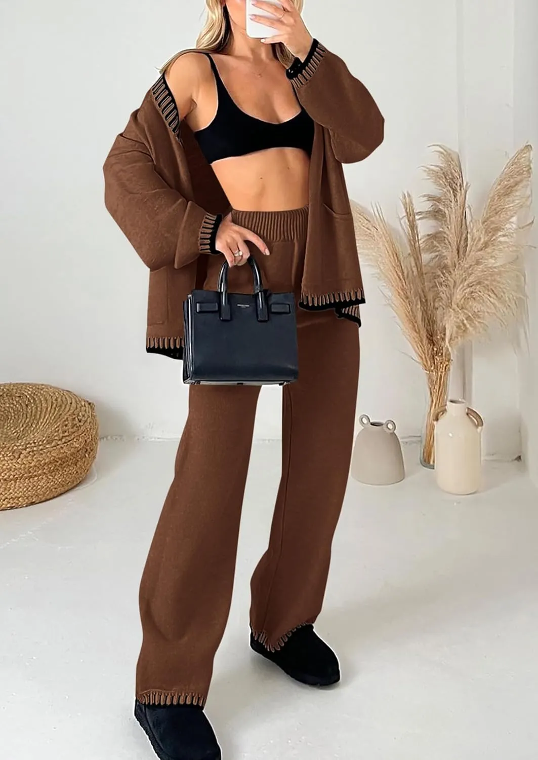 PRETTYGARDEN Women's 2 Piece Outfits Knit Matching Lounge Sets Long Sleeve V Neck Cardigan Sweaters Wide Leg Pants Tracksuits