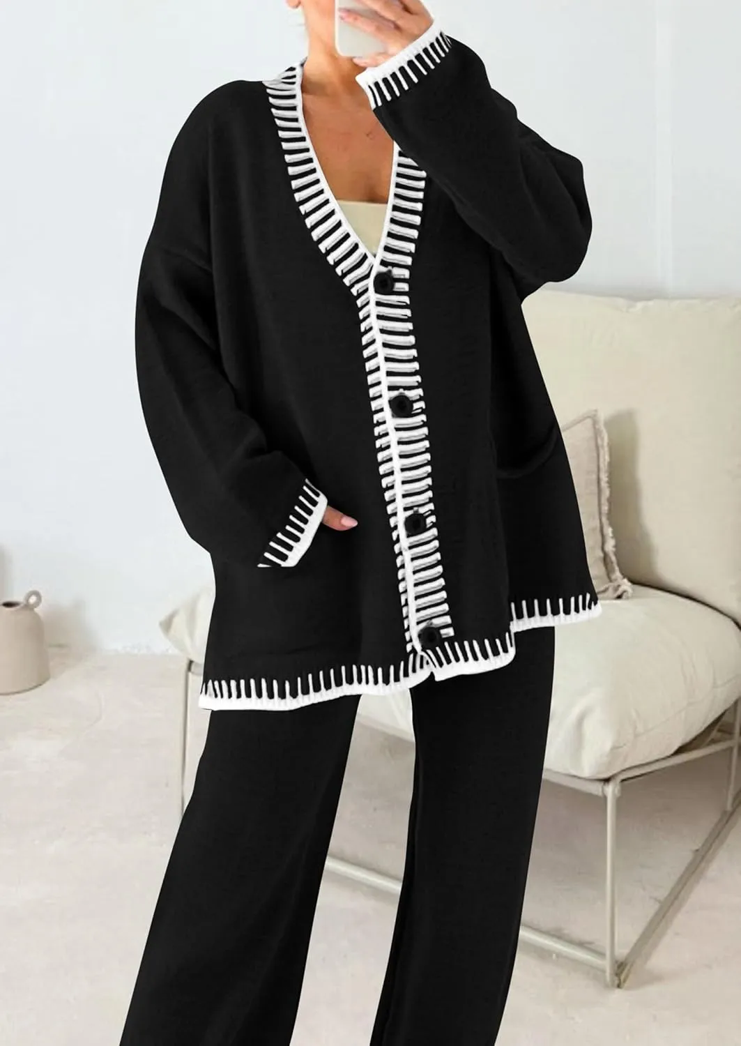 PRETTYGARDEN Women's 2 Piece Outfits Knit Matching Lounge Sets Long Sleeve V Neck Cardigan Sweaters Wide Leg Pants Tracksuits