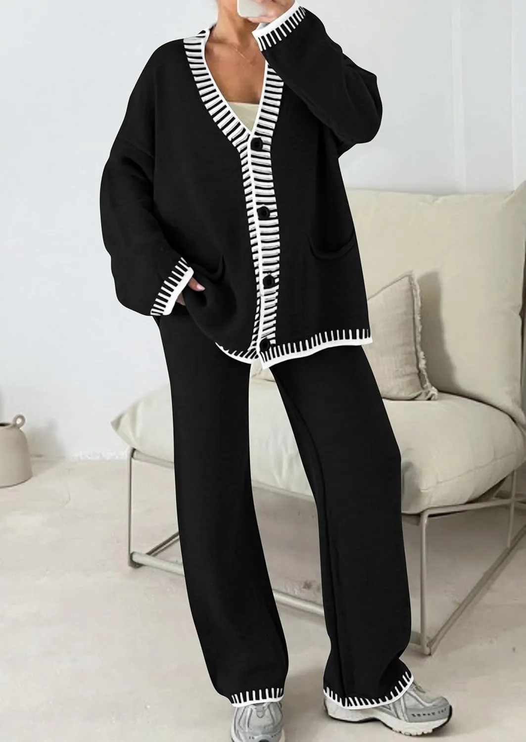 PRETTYGARDEN Women's 2 Piece Outfits Knit Matching Lounge Sets Long Sleeve V Neck Cardigan Sweaters Wide Leg Pants Tracksuits