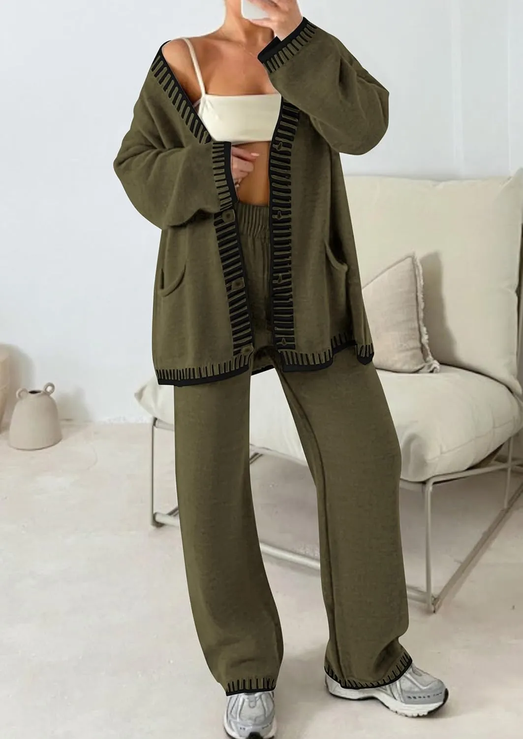 PRETTYGARDEN Women's 2 Piece Outfits Knit Matching Lounge Sets Long Sleeve V Neck Cardigan Sweaters Wide Leg Pants Tracksuits