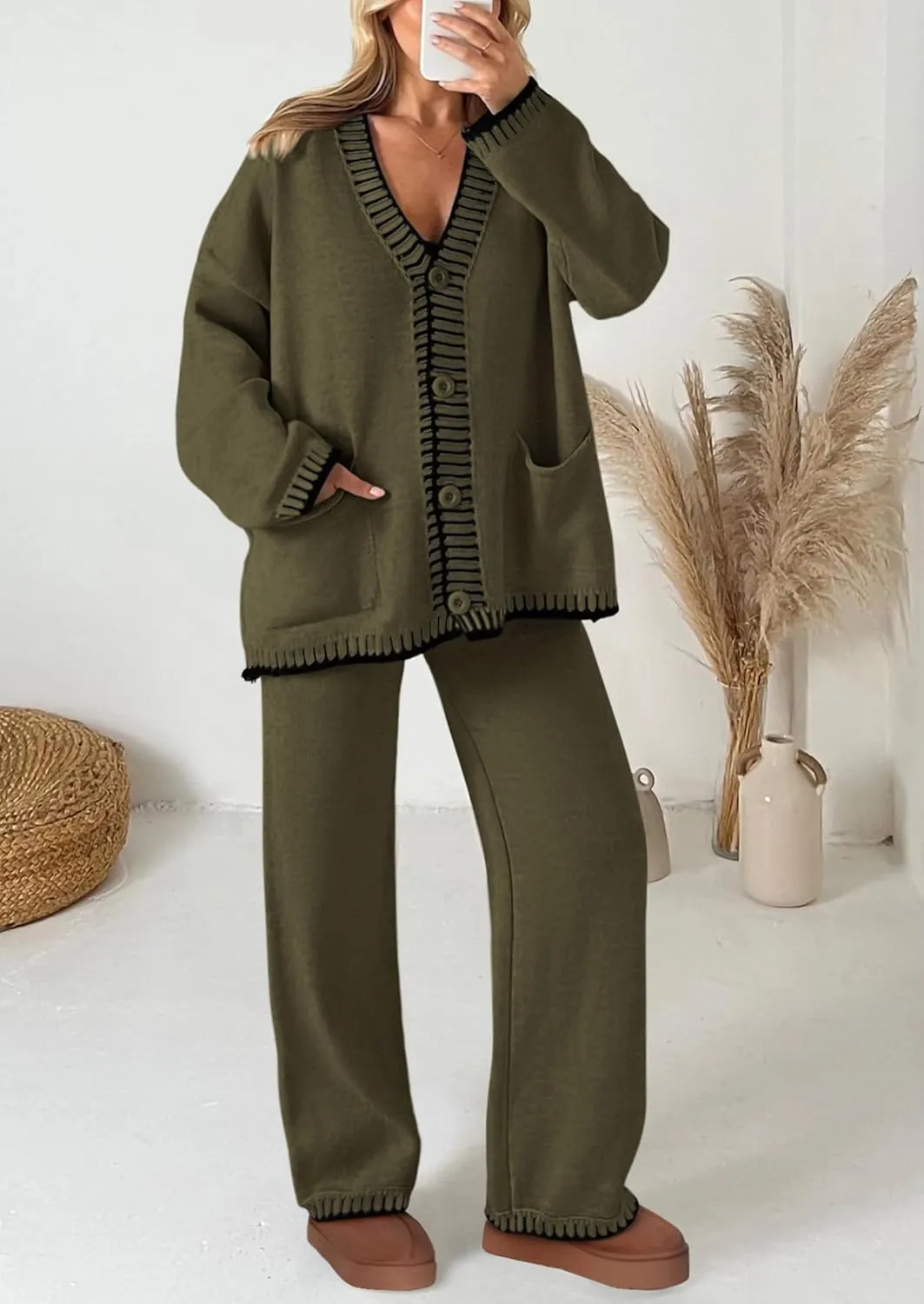 PRETTYGARDEN Women's 2 Piece Outfits Knit Matching Lounge Sets Long Sleeve V Neck Cardigan Sweaters Wide Leg Pants Tracksuits