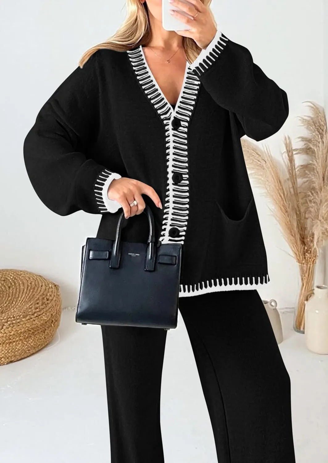 PRETTYGARDEN Women's 2 Piece Outfits Knit Matching Lounge Sets Long Sleeve V Neck Cardigan Sweaters Wide Leg Pants Tracksuits