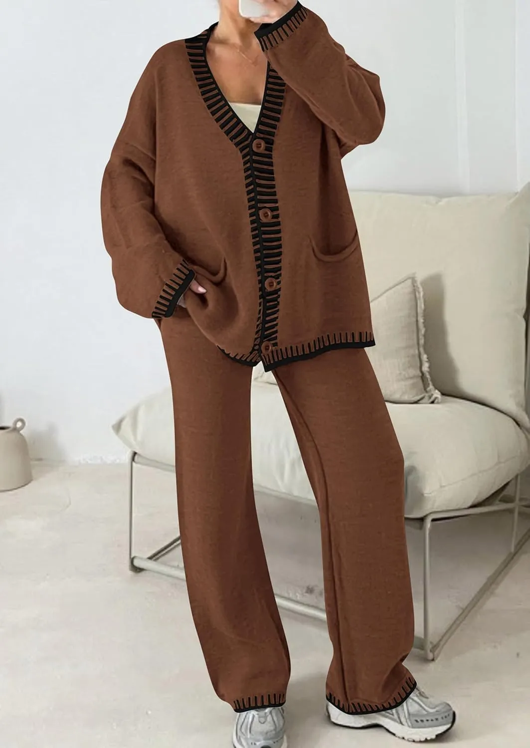 PRETTYGARDEN Women's 2 Piece Outfits Knit Matching Lounge Sets Long Sleeve V Neck Cardigan Sweaters Wide Leg Pants Tracksuits