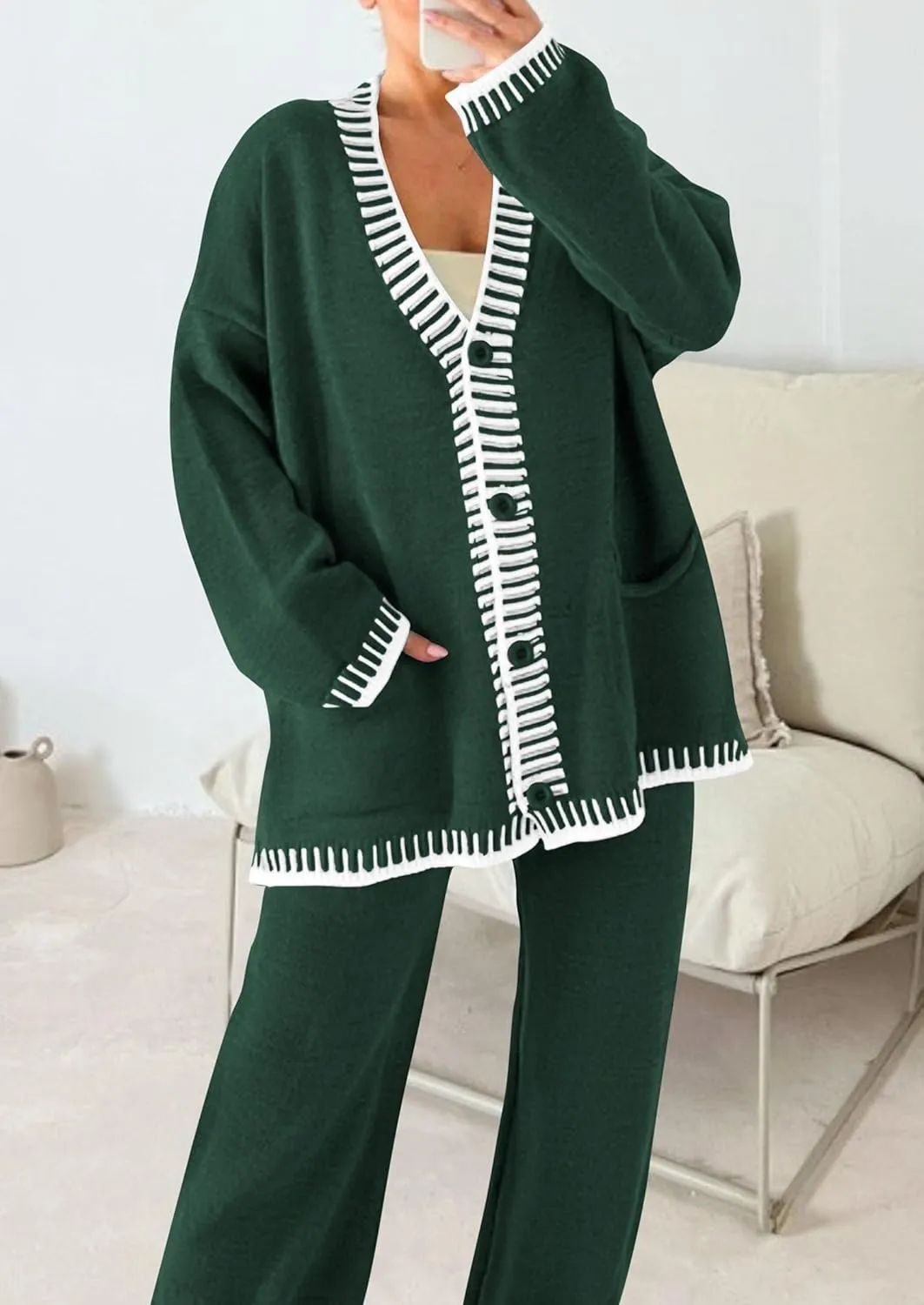 PRETTYGARDEN Women's 2 Piece Outfits Knit Matching Lounge Sets Long Sleeve V Neck Cardigan Sweaters Wide Leg Pants Tracksuits