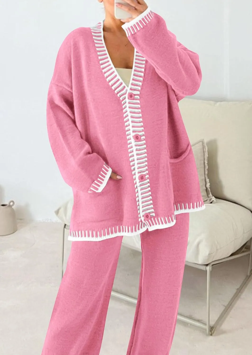 PRETTYGARDEN Women's 2 Piece Outfits Knit Matching Lounge Sets Long Sleeve V Neck Cardigan Sweaters Wide Leg Pants Tracksuits