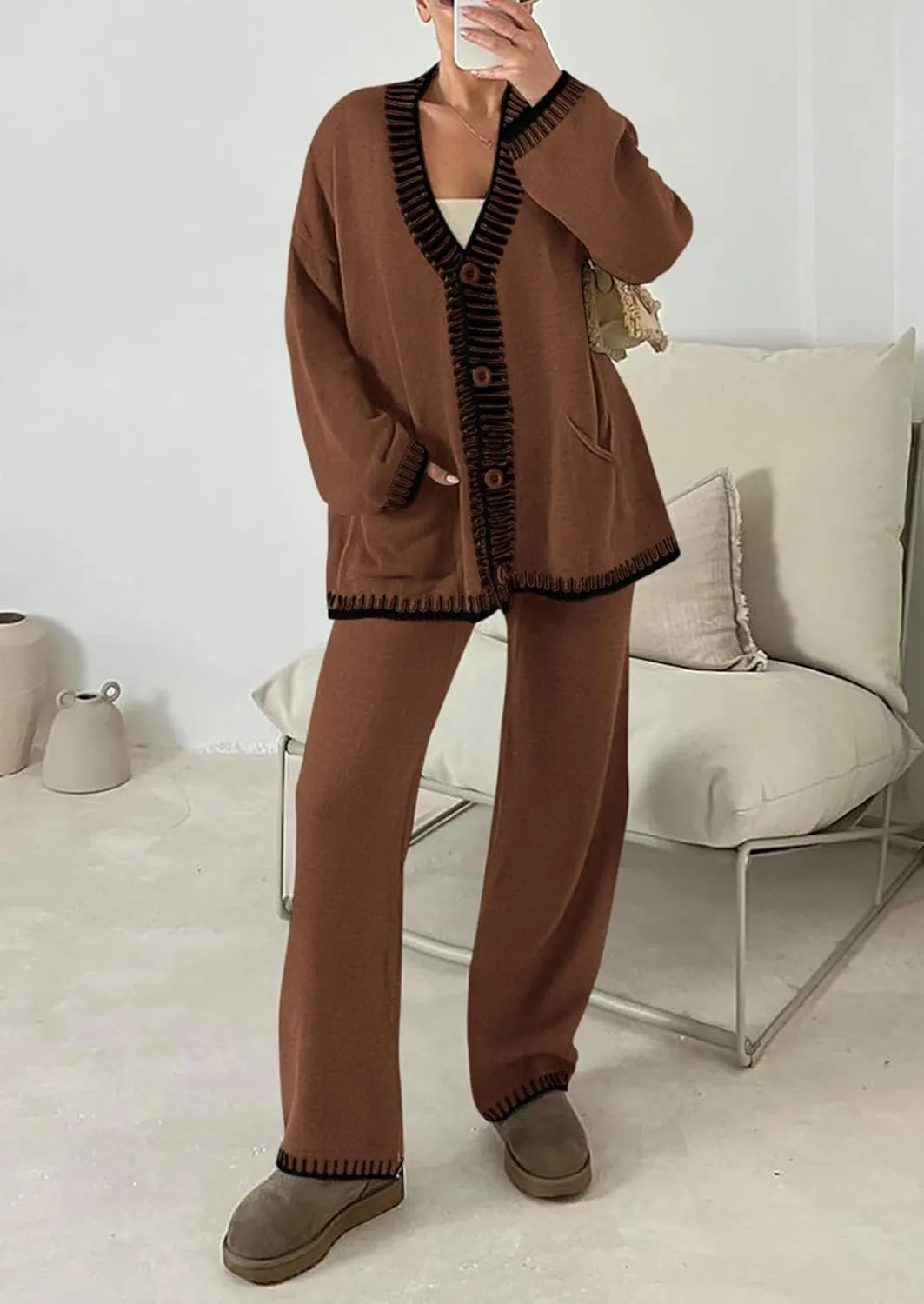 PRETTYGARDEN Women's 2 Piece Outfits Knit Matching Lounge Sets Long Sleeve V Neck Cardigan Sweaters Wide Leg Pants Tracksuits