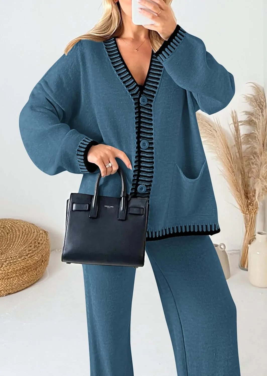 PRETTYGARDEN Women's 2 Piece Outfits Knit Matching Lounge Sets Long Sleeve V Neck Cardigan Sweaters Wide Leg Pants Tracksuits