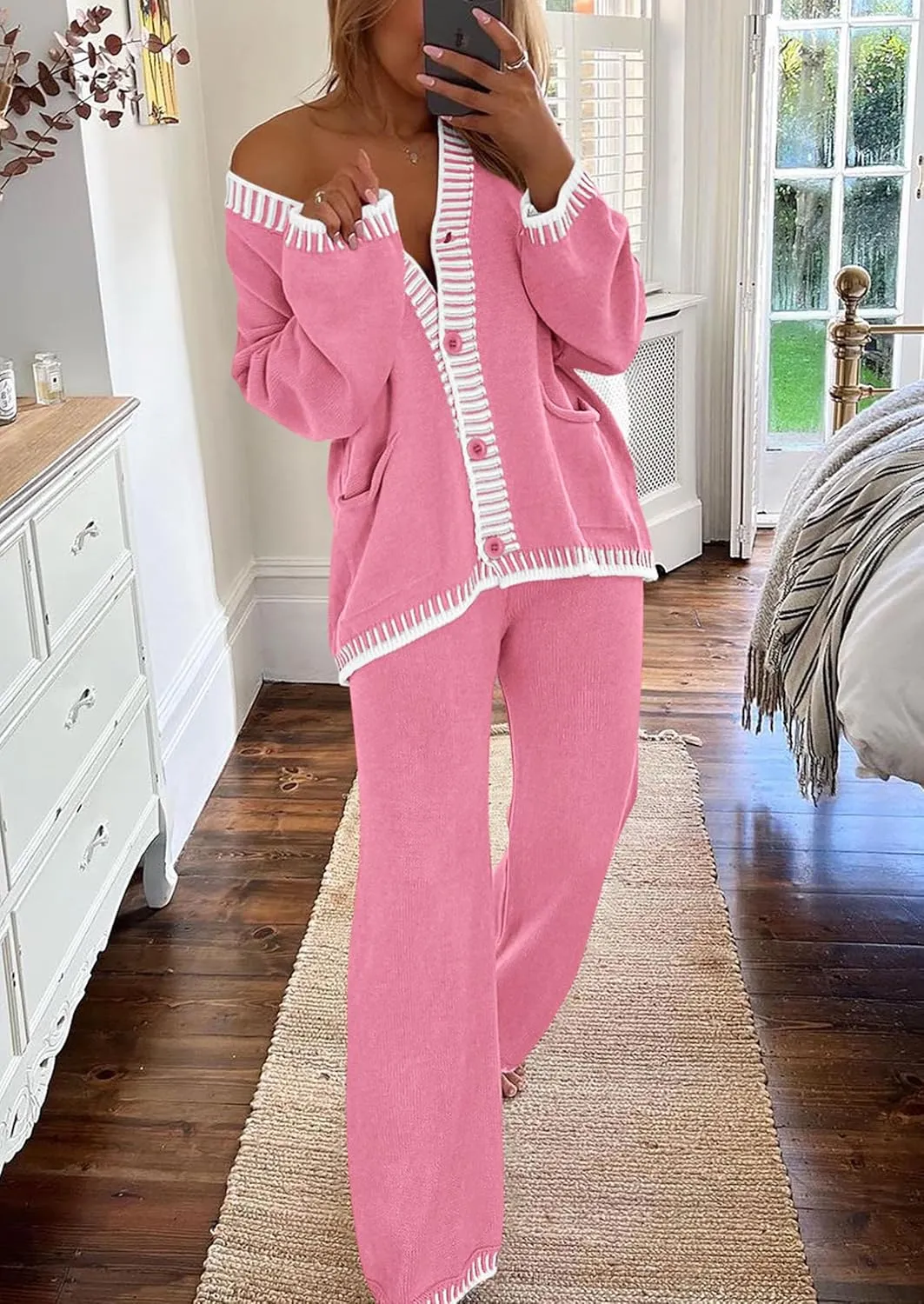 PRETTYGARDEN Women's 2 Piece Outfits Knit Matching Lounge Sets Long Sleeve V Neck Cardigan Sweaters Wide Leg Pants Tracksuits
