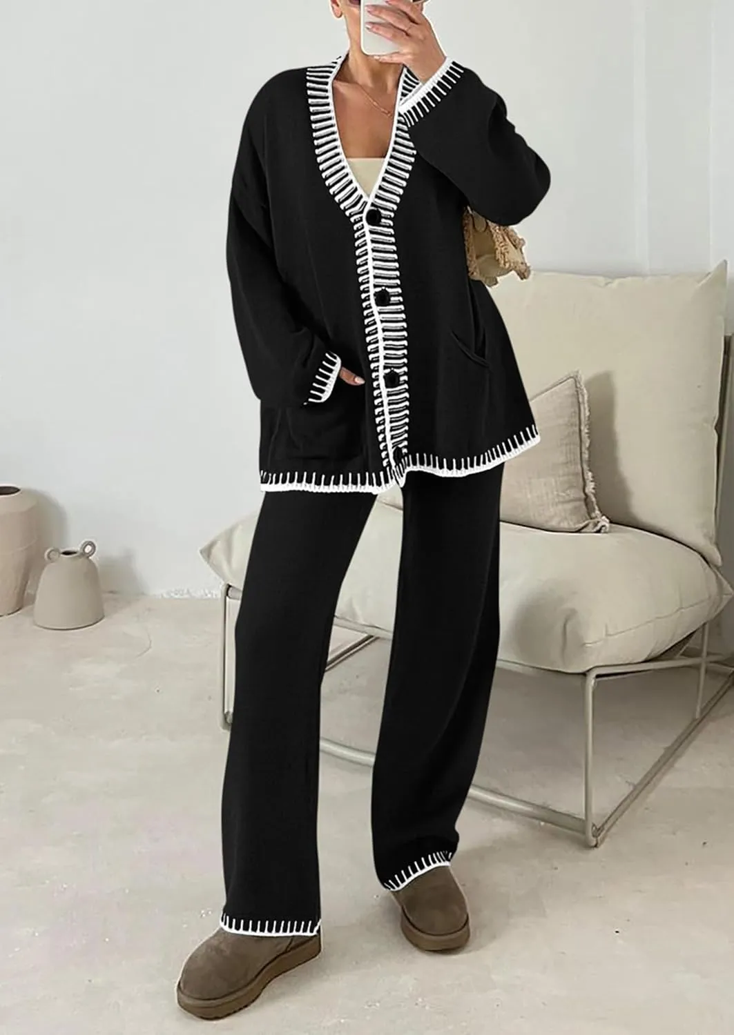 PRETTYGARDEN Women's 2 Piece Outfits Knit Matching Lounge Sets Long Sleeve V Neck Cardigan Sweaters Wide Leg Pants Tracksuits