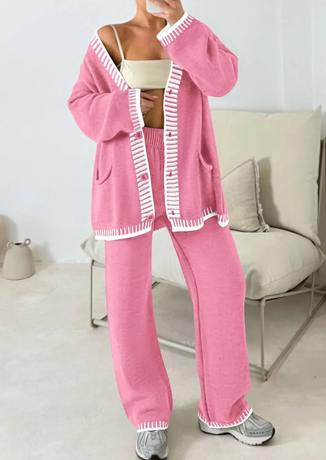 PRETTYGARDEN Women's 2 Piece Outfits Knit Matching Lounge Sets Long Sleeve V Neck Cardigan Sweaters Wide Leg Pants Tracksuits