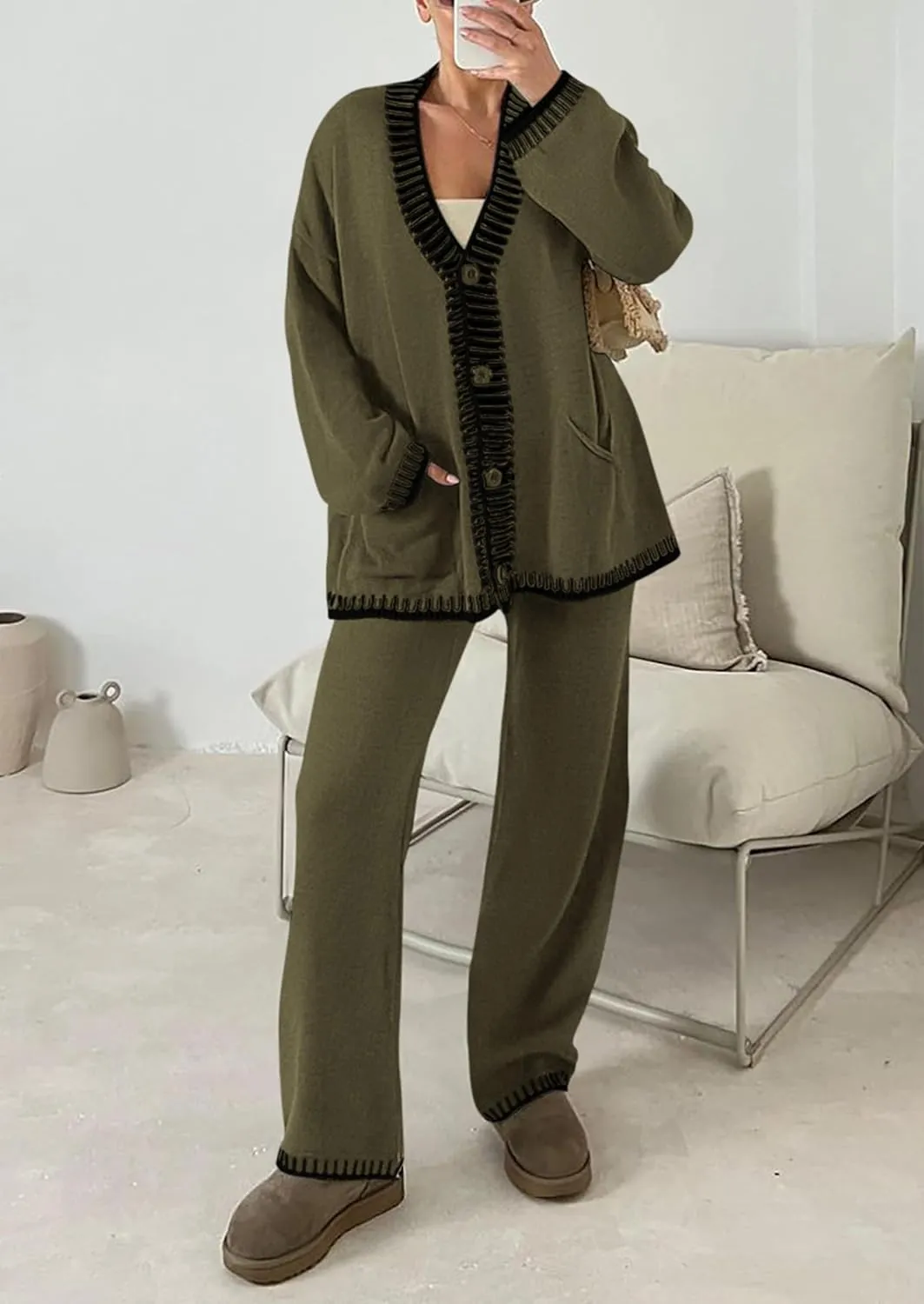 PRETTYGARDEN Women's 2 Piece Outfits Knit Matching Lounge Sets Long Sleeve V Neck Cardigan Sweaters Wide Leg Pants Tracksuits