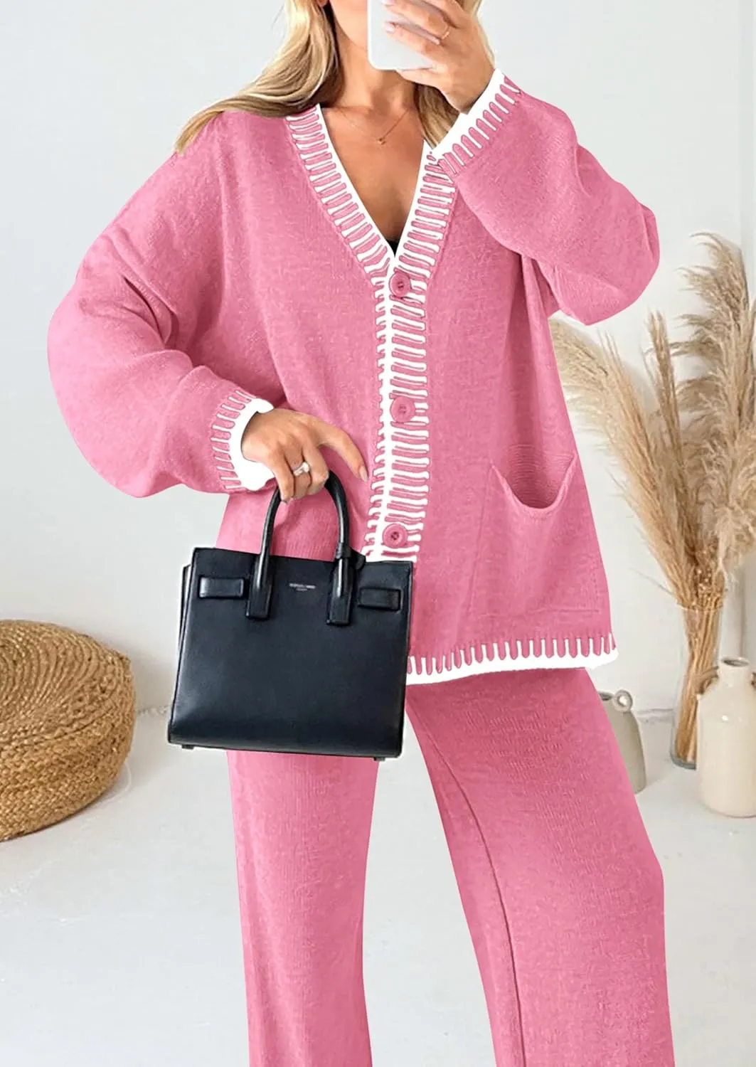 PRETTYGARDEN Women's 2 Piece Outfits Knit Matching Lounge Sets Long Sleeve V Neck Cardigan Sweaters Wide Leg Pants Tracksuits