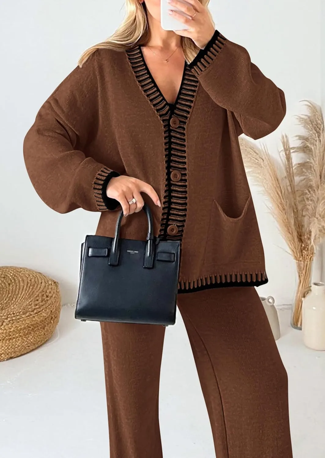 PRETTYGARDEN Women's 2 Piece Outfits Knit Matching Lounge Sets Long Sleeve V Neck Cardigan Sweaters Wide Leg Pants Tracksuits