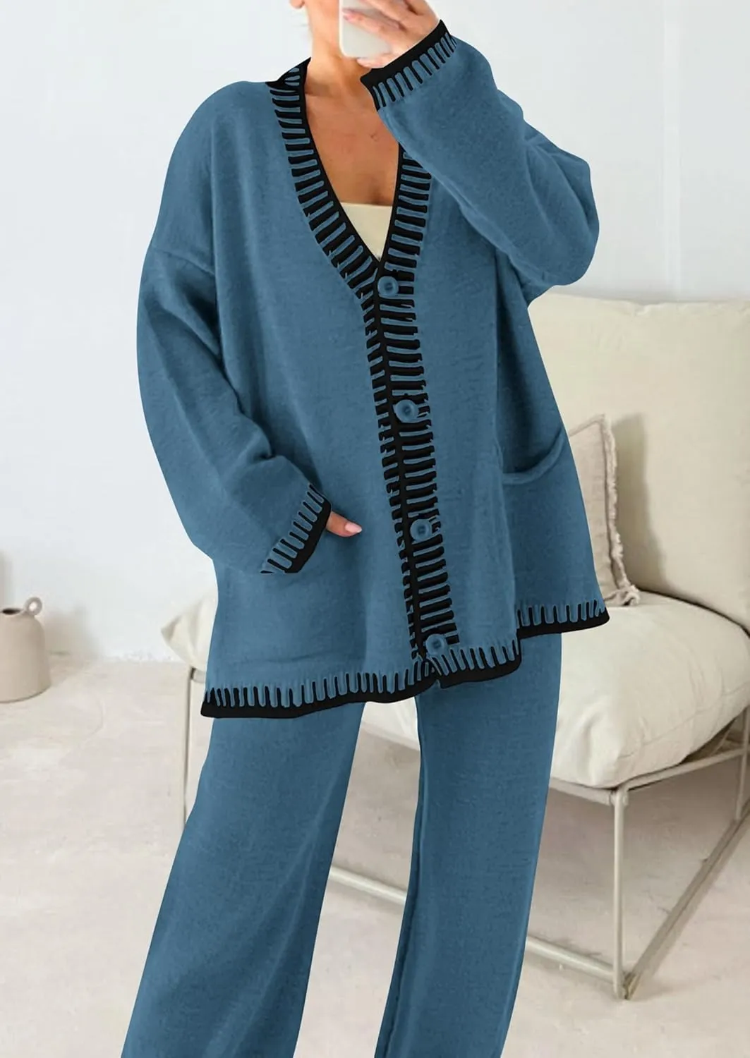 PRETTYGARDEN Women's 2 Piece Outfits Knit Matching Lounge Sets Long Sleeve V Neck Cardigan Sweaters Wide Leg Pants Tracksuits