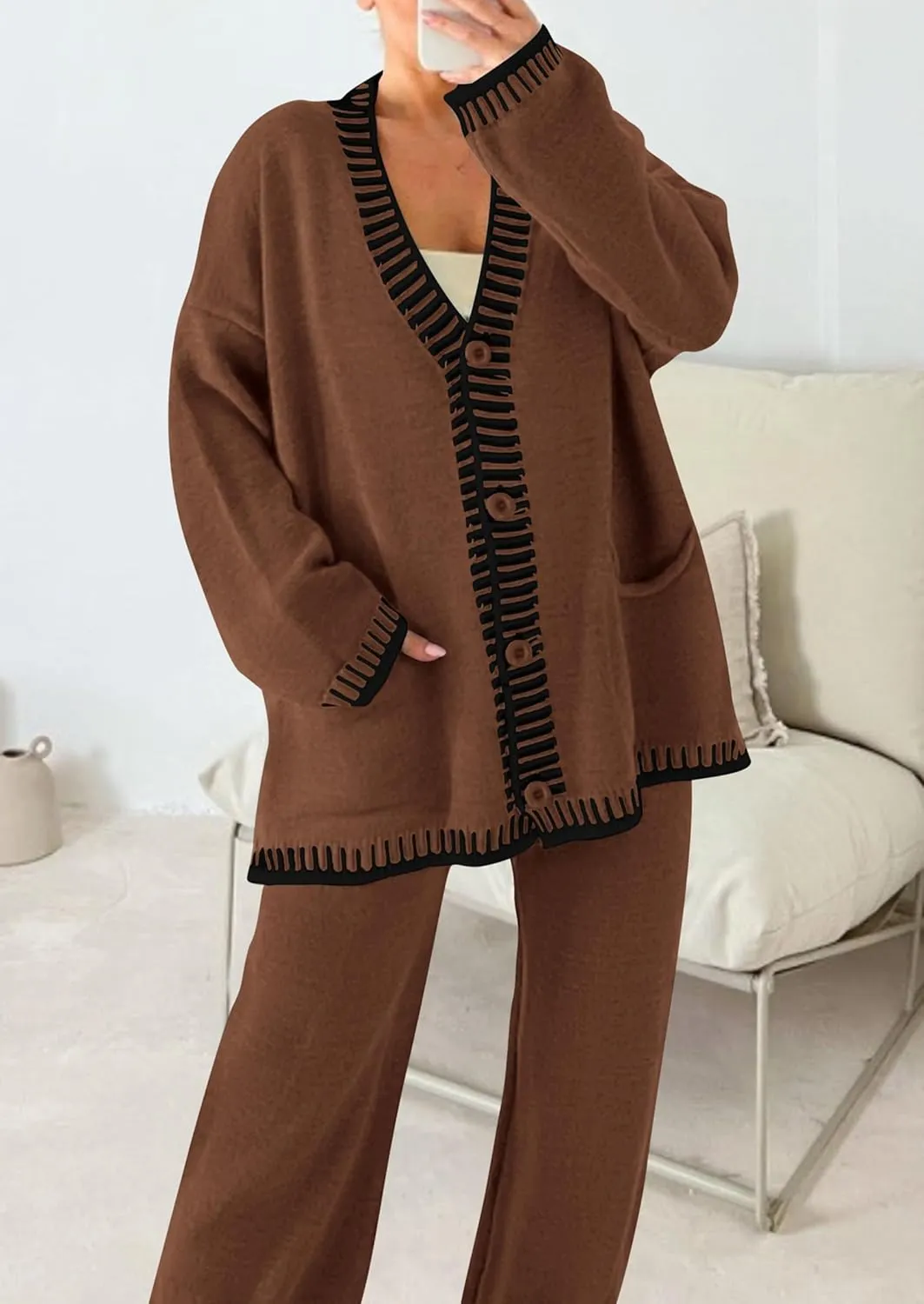 PRETTYGARDEN Women's 2 Piece Outfits Knit Matching Lounge Sets Long Sleeve V Neck Cardigan Sweaters Wide Leg Pants Tracksuits