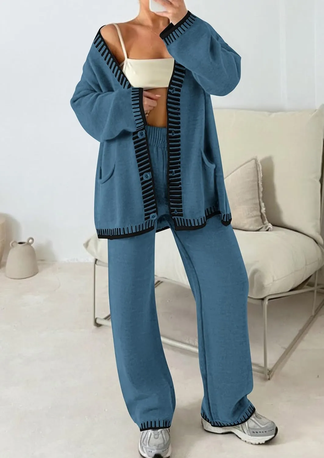 PRETTYGARDEN Women's 2 Piece Outfits Knit Matching Lounge Sets Long Sleeve V Neck Cardigan Sweaters Wide Leg Pants Tracksuits