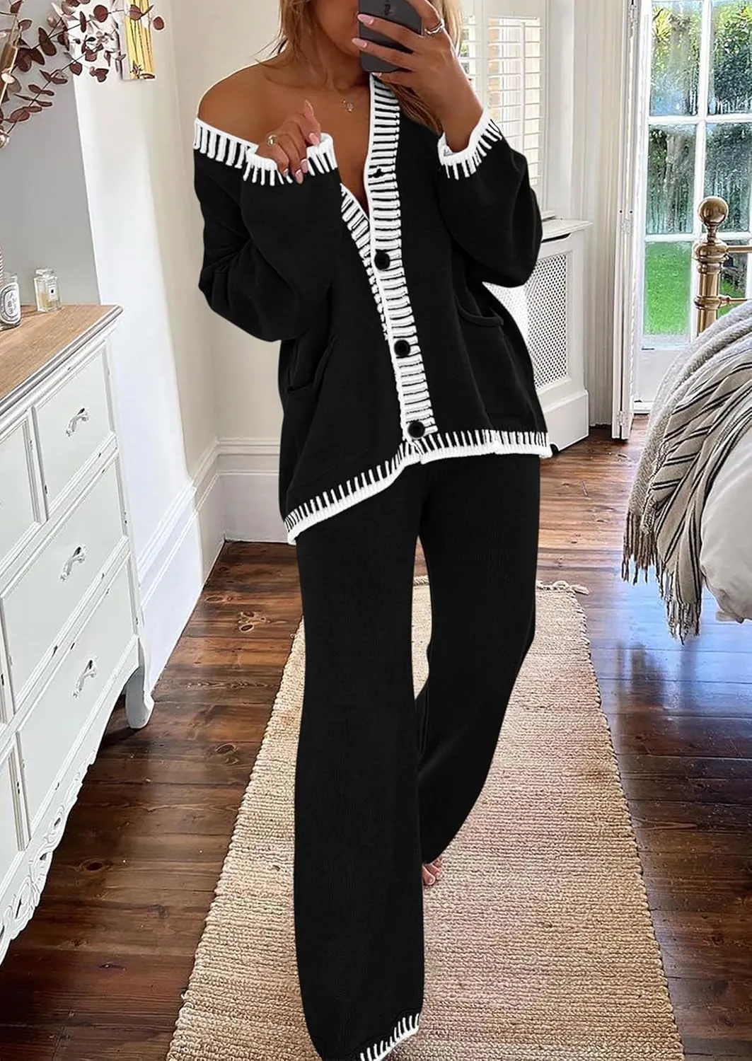 PRETTYGARDEN Women's 2 Piece Outfits Knit Matching Lounge Sets Long Sleeve V Neck Cardigan Sweaters Wide Leg Pants Tracksuits