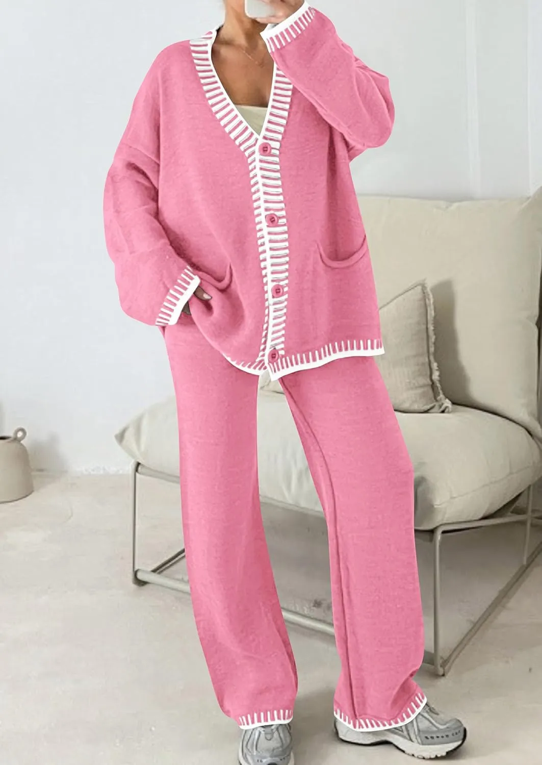 PRETTYGARDEN Women's 2 Piece Outfits Knit Matching Lounge Sets Long Sleeve V Neck Cardigan Sweaters Wide Leg Pants Tracksuits