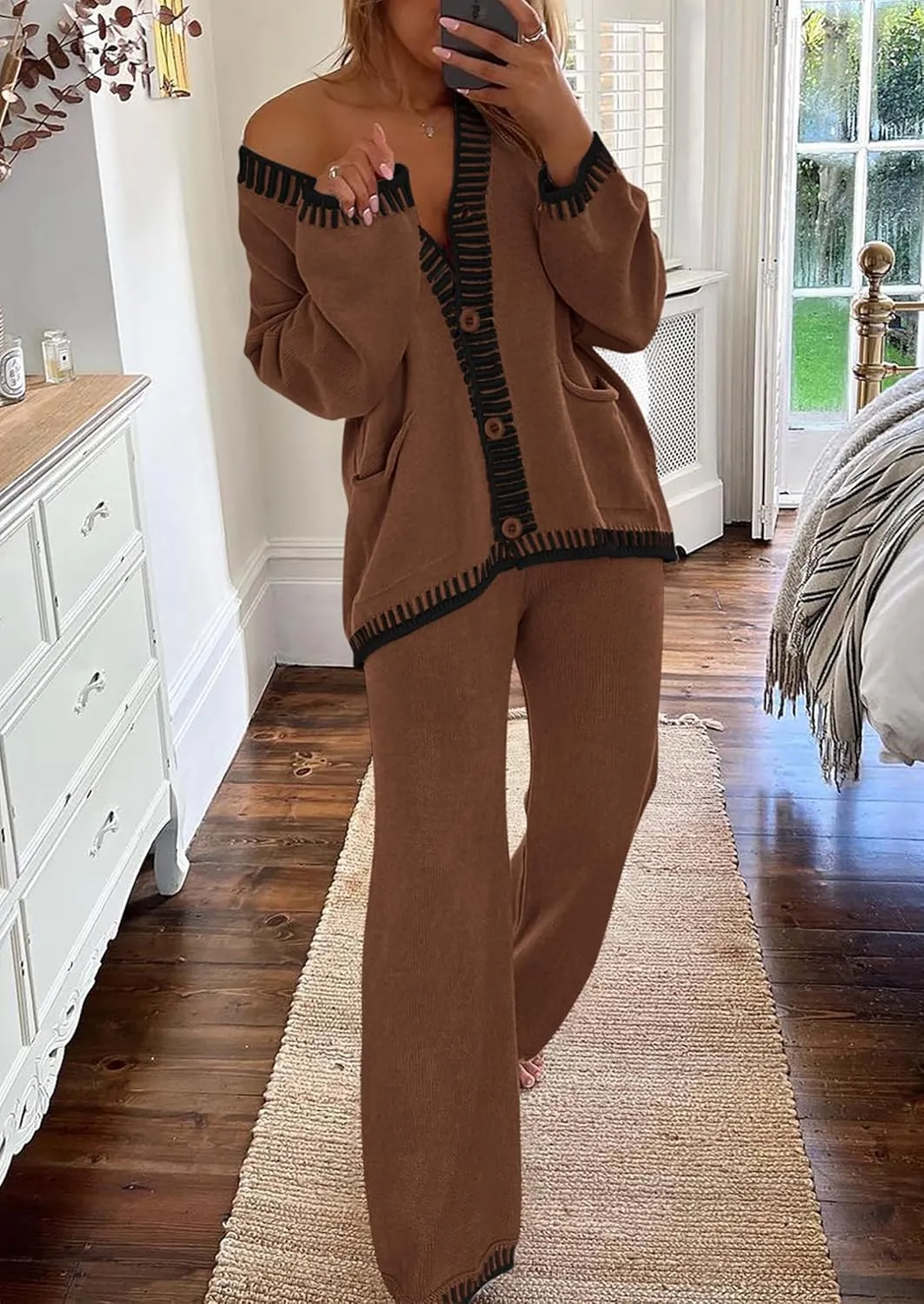 PRETTYGARDEN Women's 2 Piece Outfits Knit Matching Lounge Sets Long Sleeve V Neck Cardigan Sweaters Wide Leg Pants Tracksuits