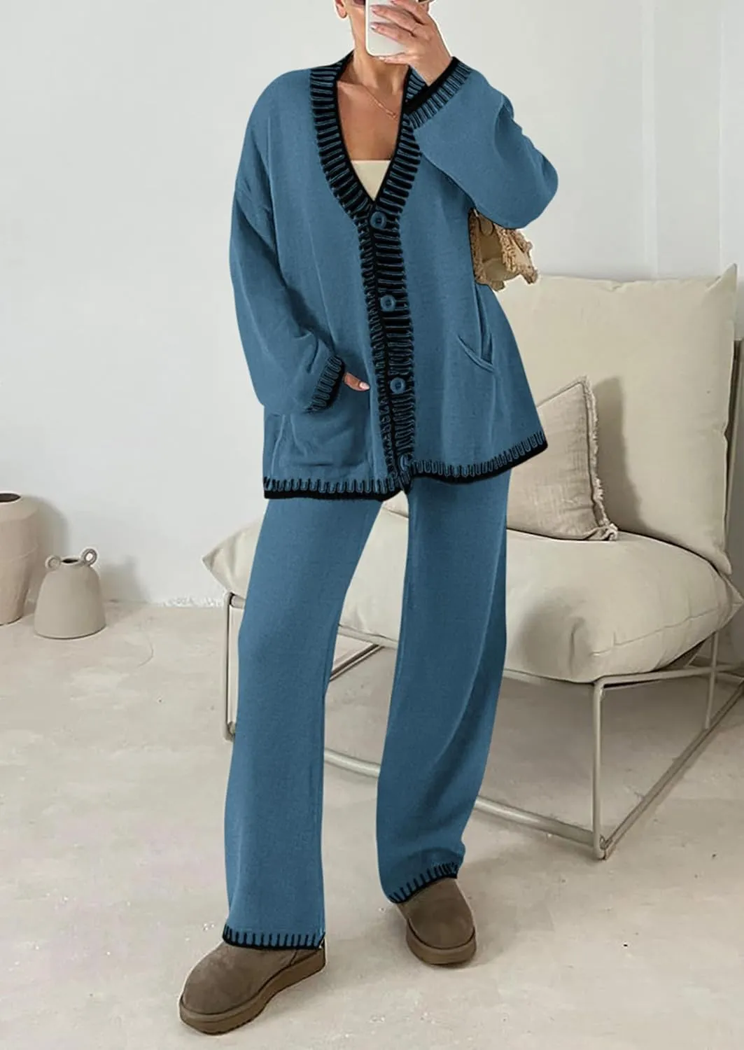 PRETTYGARDEN Women's 2 Piece Outfits Knit Matching Lounge Sets Long Sleeve V Neck Cardigan Sweaters Wide Leg Pants Tracksuits