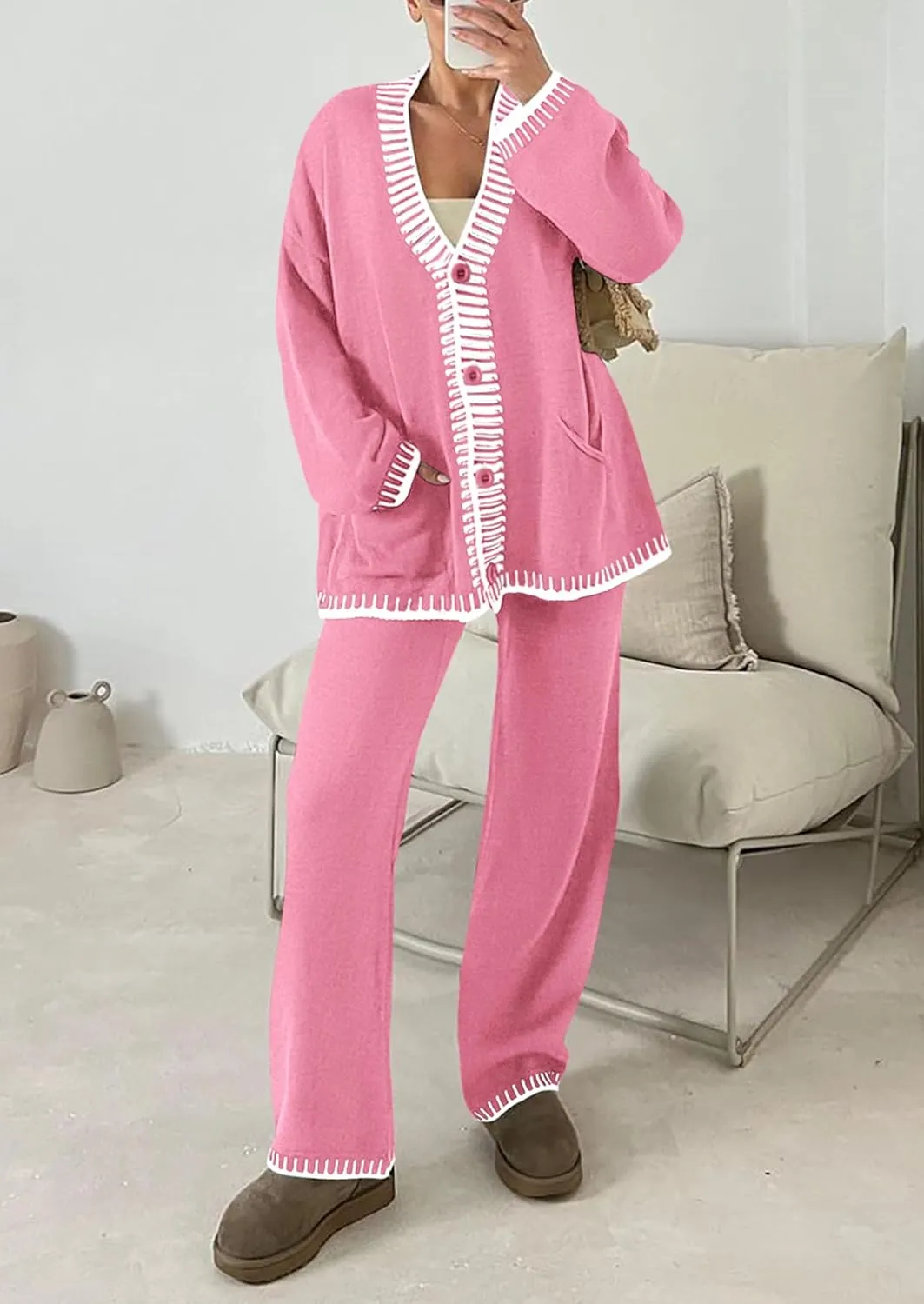 PRETTYGARDEN Women's 2 Piece Outfits Knit Matching Lounge Sets Long Sleeve V Neck Cardigan Sweaters Wide Leg Pants Tracksuits