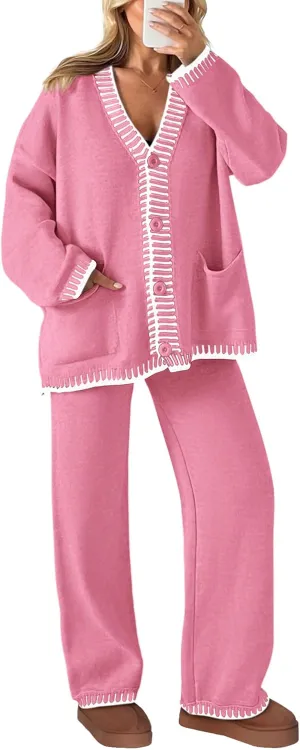 PRETTYGARDEN Women's 2 Piece Outfits Knit Matching Lounge Sets Long Sleeve V Neck Cardigan Sweaters Wide Leg Pants Tracksuits