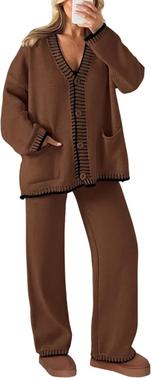 PRETTYGARDEN Women's 2 Piece Outfits Knit Matching Lounge Sets Long Sleeve V Neck Cardigan Sweaters Wide Leg Pants Tracksuits