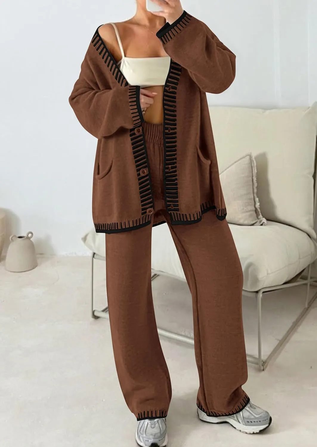 PRETTYGARDEN Women's 2 Piece Outfits Knit Matching Lounge Sets Long Sleeve V Neck Cardigan Sweaters Wide Leg Pants Tracksuits