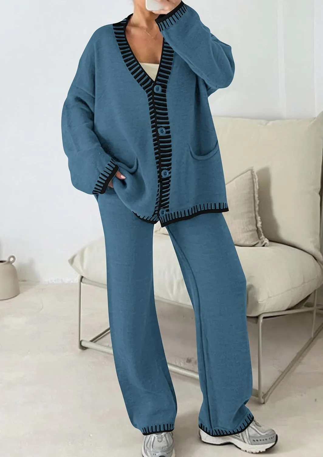 PRETTYGARDEN Women's 2 Piece Outfits Knit Matching Lounge Sets Long Sleeve V Neck Cardigan Sweaters Wide Leg Pants Tracksuits