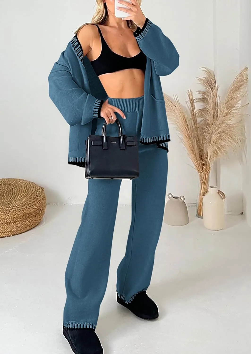 PRETTYGARDEN Women's 2 Piece Outfits Knit Matching Lounge Sets Long Sleeve V Neck Cardigan Sweaters Wide Leg Pants Tracksuits