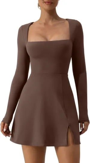 QINSEN Womens Square Neck Bodice Dress Long Sleeve Side Slit Flare Mini Dresses
