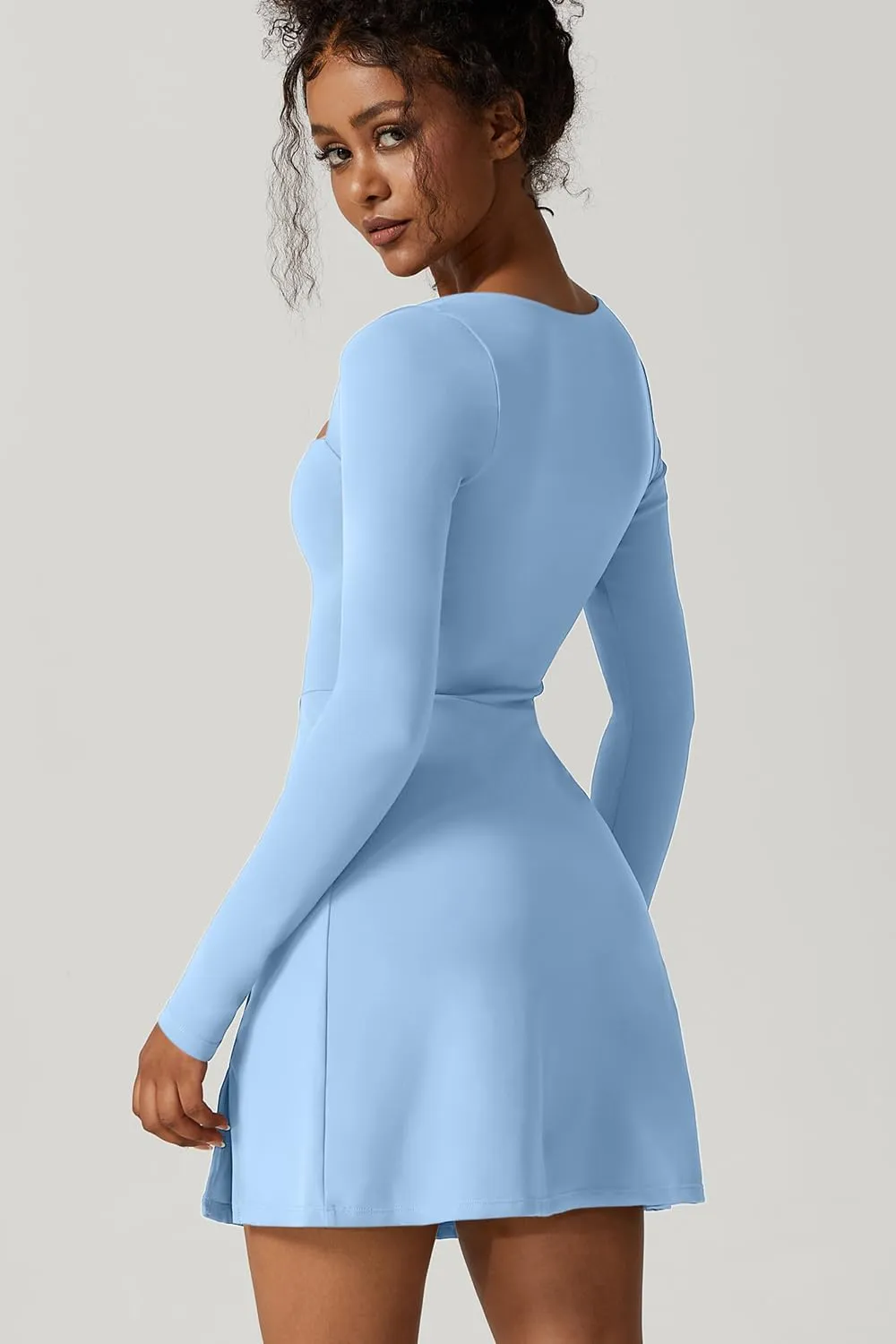 QINSEN Womens Square Neck Bodice Dress Long Sleeve Side Slit Flare Mini Dresses