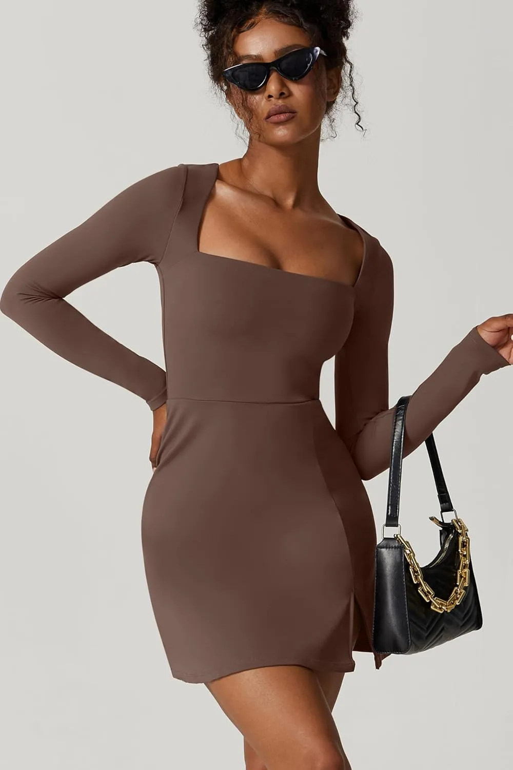 QINSEN Womens Square Neck Bodice Dress Long Sleeve Side Slit Flare Mini Dresses