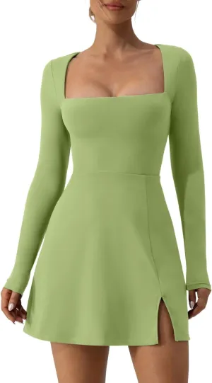 QINSEN Womens Square Neck Bodice Dress Long Sleeve Side Slit Flare Mini Dresses