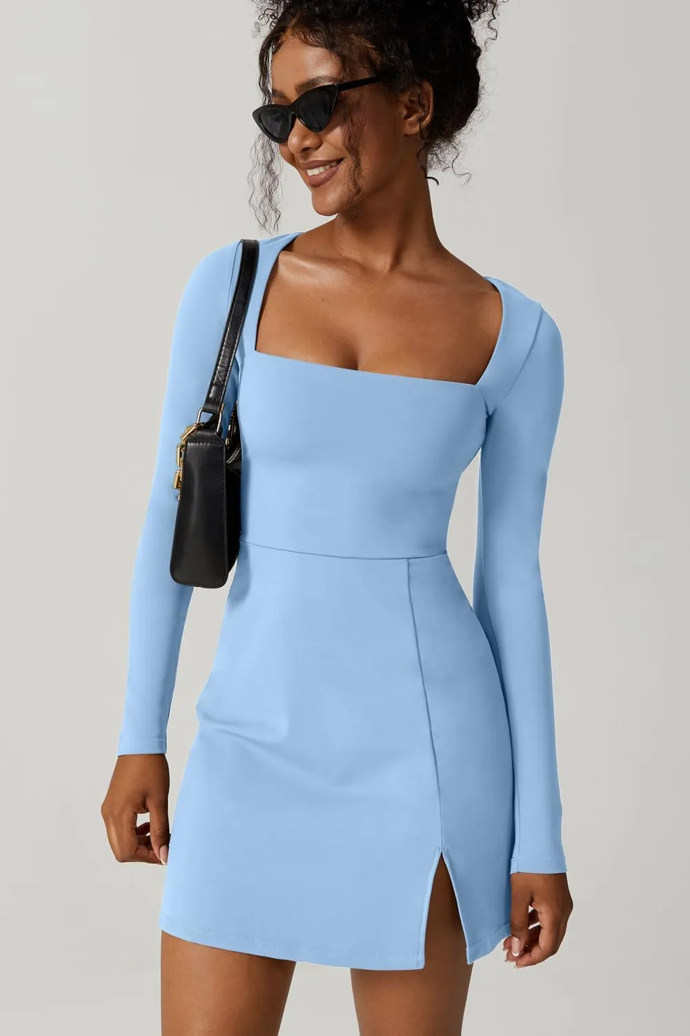 QINSEN Womens Square Neck Bodice Dress Long Sleeve Side Slit Flare Mini Dresses