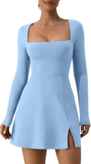 QINSEN Womens Square Neck Bodice Dress Long Sleeve Side Slit Flare Mini Dresses