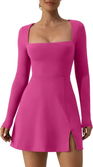 QINSEN Womens Square Neck Bodice Dress Long Sleeve Side Slit Flare Mini Dresses