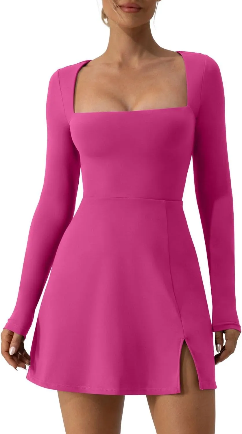 QINSEN Womens Square Neck Bodice Dress Long Sleeve Side Slit Flare Mini Dresses