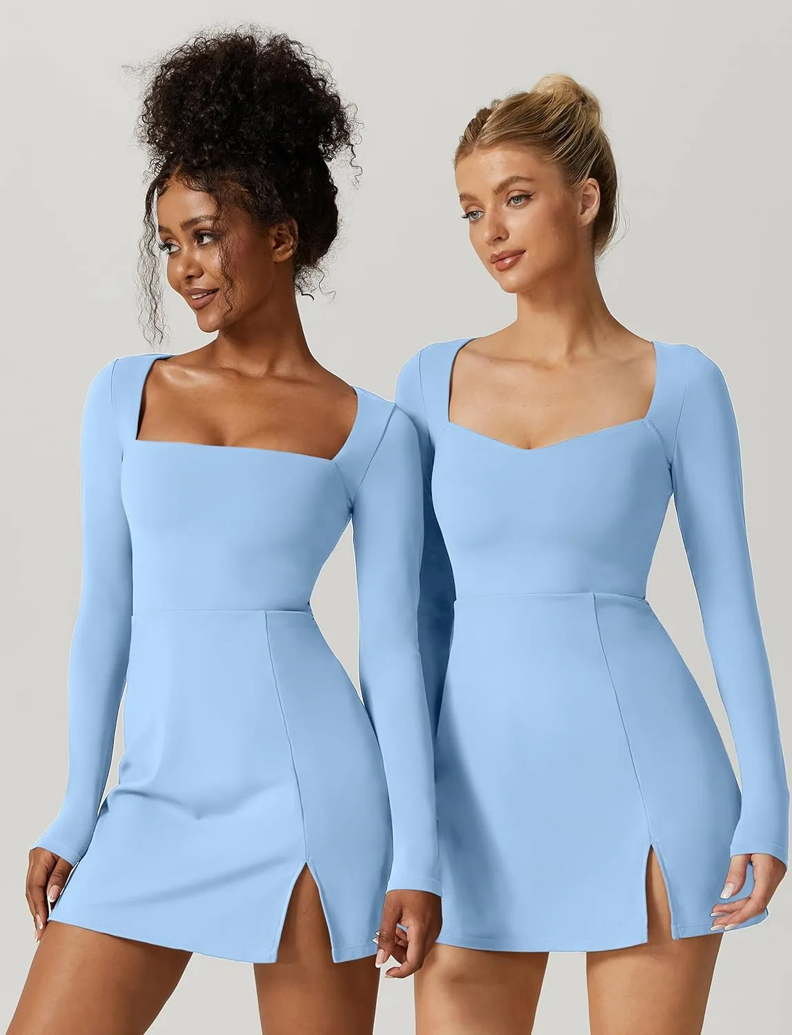 QINSEN Womens Square Neck Bodice Dress Long Sleeve Side Slit Flare Mini Dresses