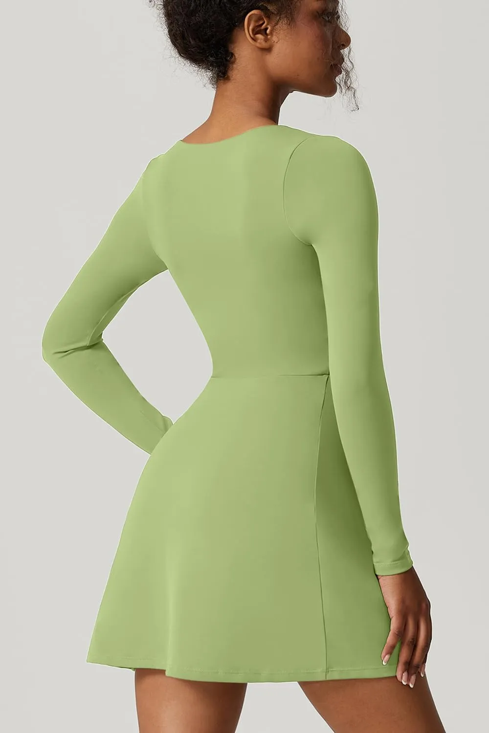 QINSEN Womens Square Neck Bodice Dress Long Sleeve Side Slit Flare Mini Dresses