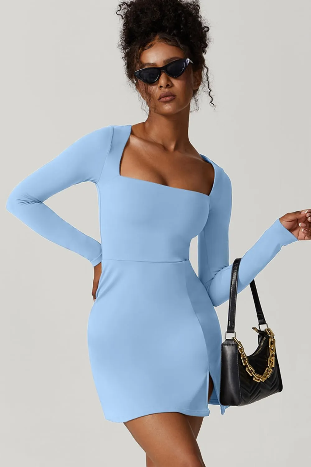 QINSEN Womens Square Neck Bodice Dress Long Sleeve Side Slit Flare Mini Dresses