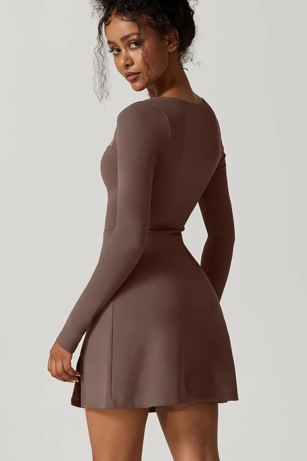 QINSEN Womens Square Neck Bodice Dress Long Sleeve Side Slit Flare Mini Dresses