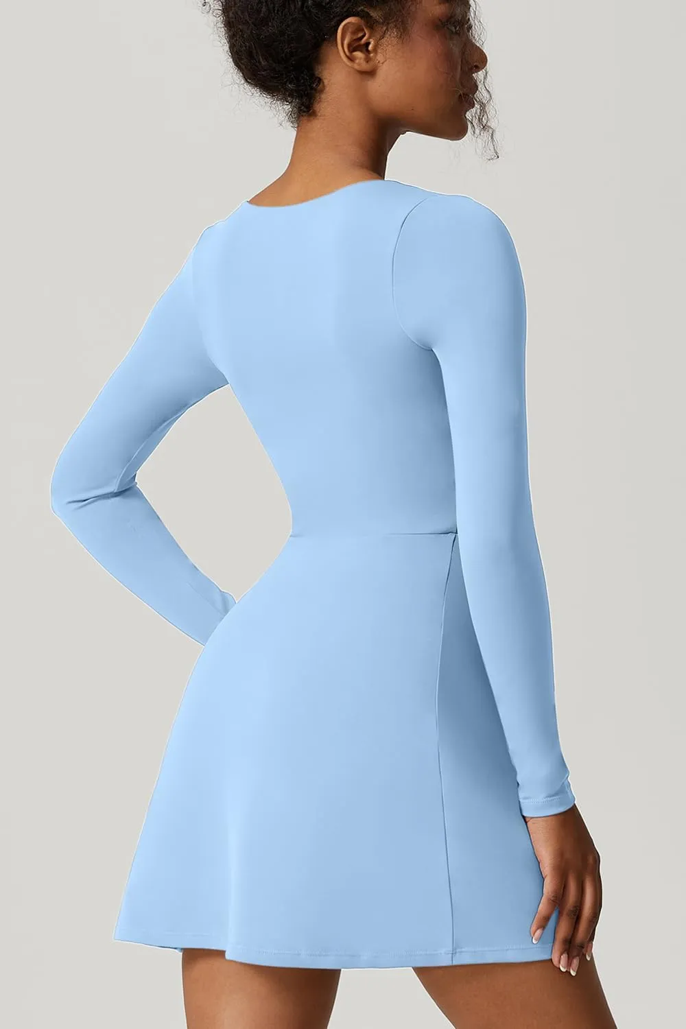 QINSEN Womens Square Neck Bodice Dress Long Sleeve Side Slit Flare Mini Dresses
