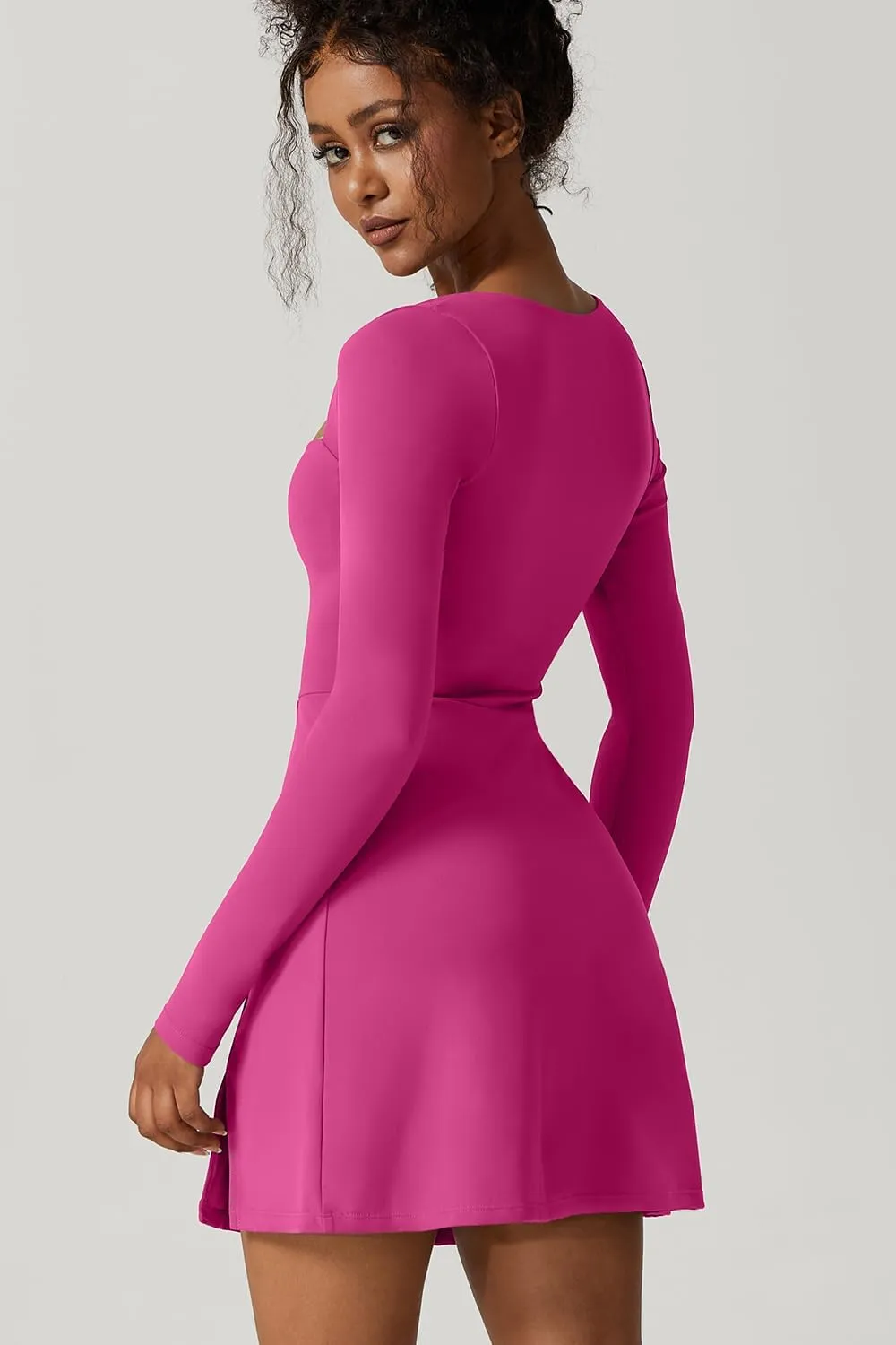 QINSEN Womens Square Neck Bodice Dress Long Sleeve Side Slit Flare Mini Dresses